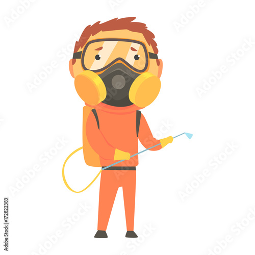 Exterminator in orange protection uniform and face mask, pest control service cartoon vector illustration