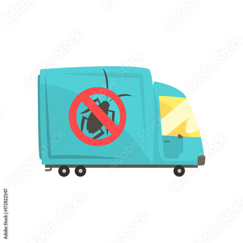 Blue exterminator truck, pest control service cartoon vector illustration