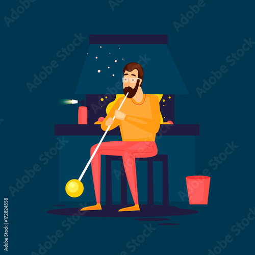 Glass blower blows glass. Flat design vector illustration.