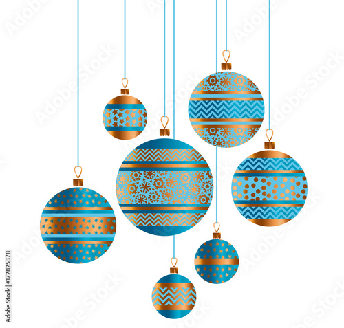 Blue and gold Christmas bauble decor stylized vector illustration. Composition of Xmas tree stripe, dots and snowflakes decorated