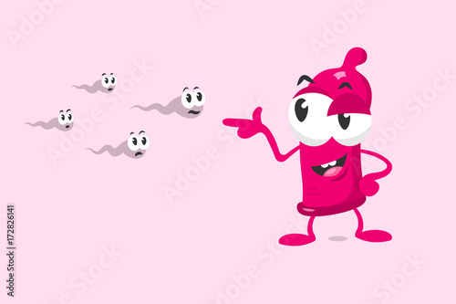 Cute condom mascot shoots on sperms. Isolated on light background.