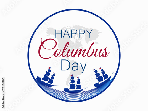 Happy Columbus Day, the discoverer of America, waves and ship, holiday banner. Sailing ship with masts. Vector illustration
