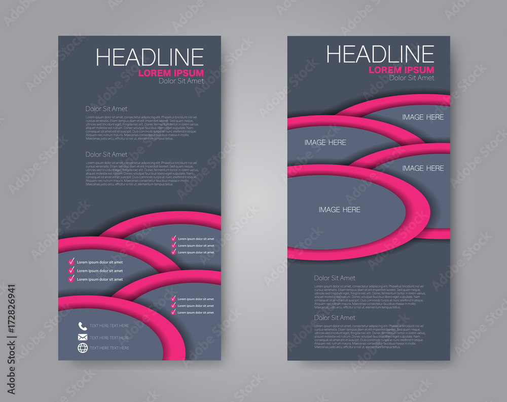Vector flyer and leaflet design. Set of two side brochure templates. Vertical banners. Grey and pink color. Vector illustration. Vector flyer and leaflet design. Set of two side brochure templates. Vertical banners. Grey and pink color. Vector illustration.