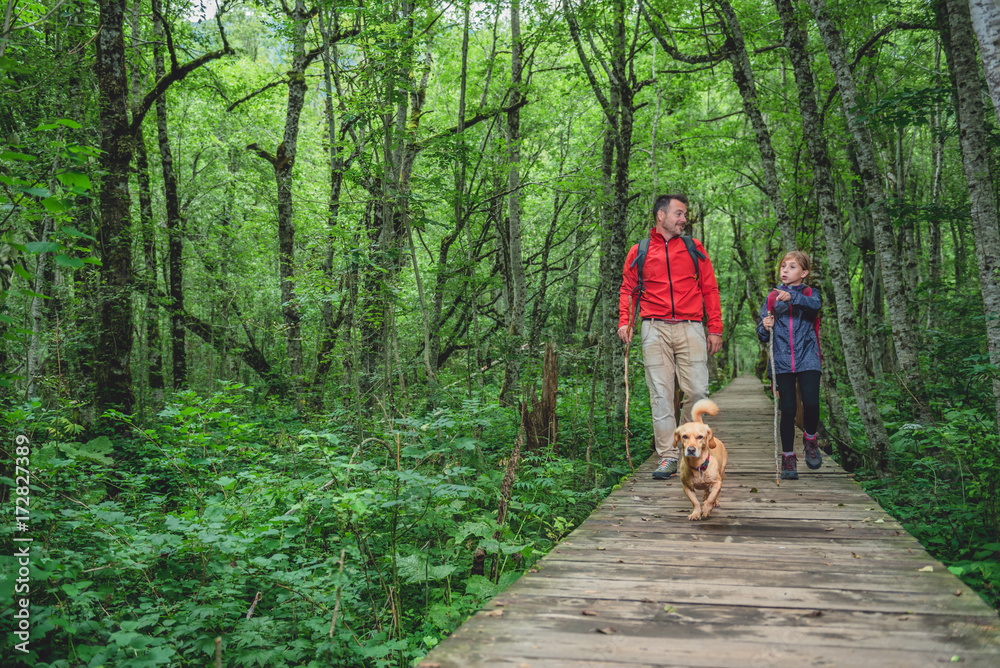 Fototapeta premium Father and daughter with a dog hiking in the forest