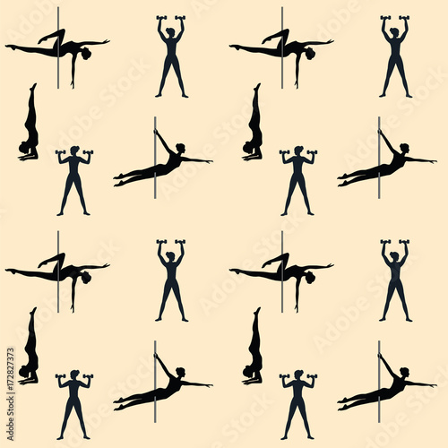 Sport pattern - woman - dance with pole, exercise with dumbbells, stand on head - art creative modern vector