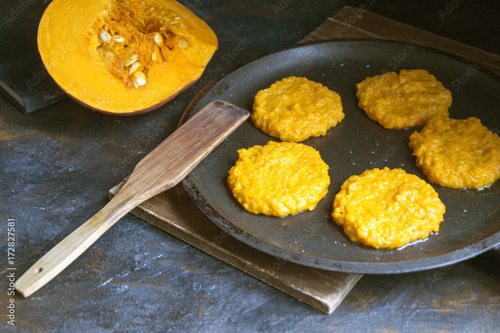 Vegetable pumpkin pancakes. Fry in a pan. Vegetable pumpkin pancakes. Fry in a pan.