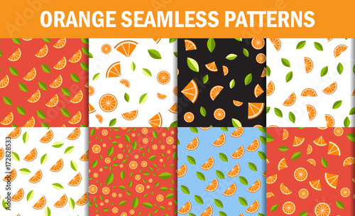 Seamless Floral Pattern set . Orange Fruits Background. Flowers, Leaves. Vector flat style