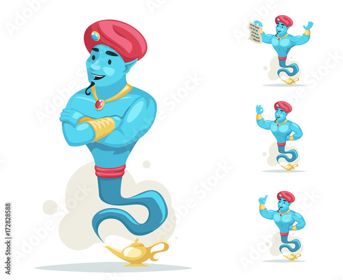Arabian genie turban magic lamp smoke cartoon characters set wish vector illustration photo