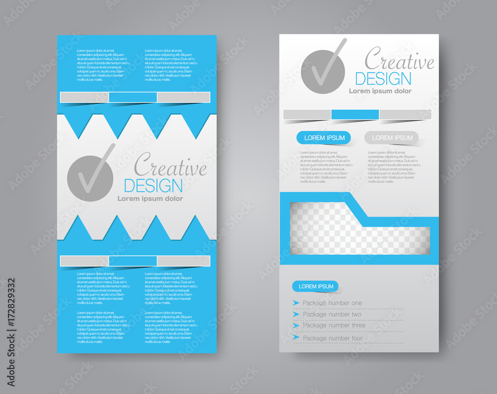 Skinny flyer or leaflet design. Set of two side brochure template or banner.  Vector illustration. Blue color.