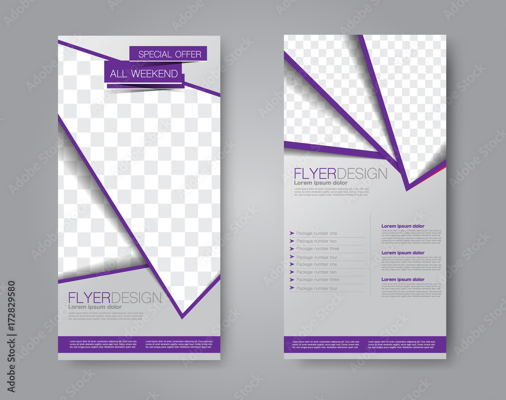 Fototapeta premium Skinny flyer or leaflet design. Set of two side brochure template or banner. Vector illustration. Purple color.