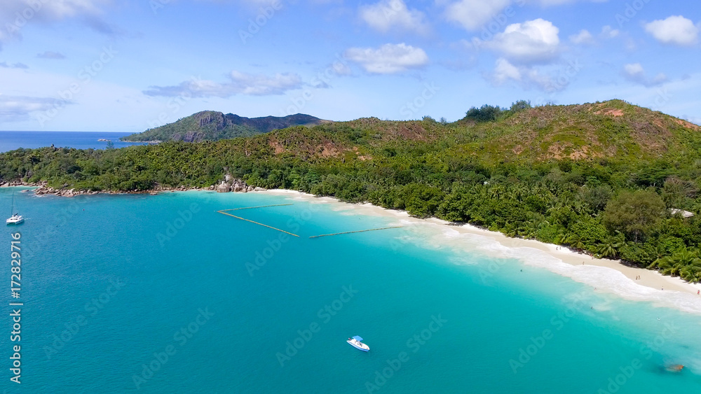 Aerial view of Anse Lazio beach in Praslin, Seychelles Islands