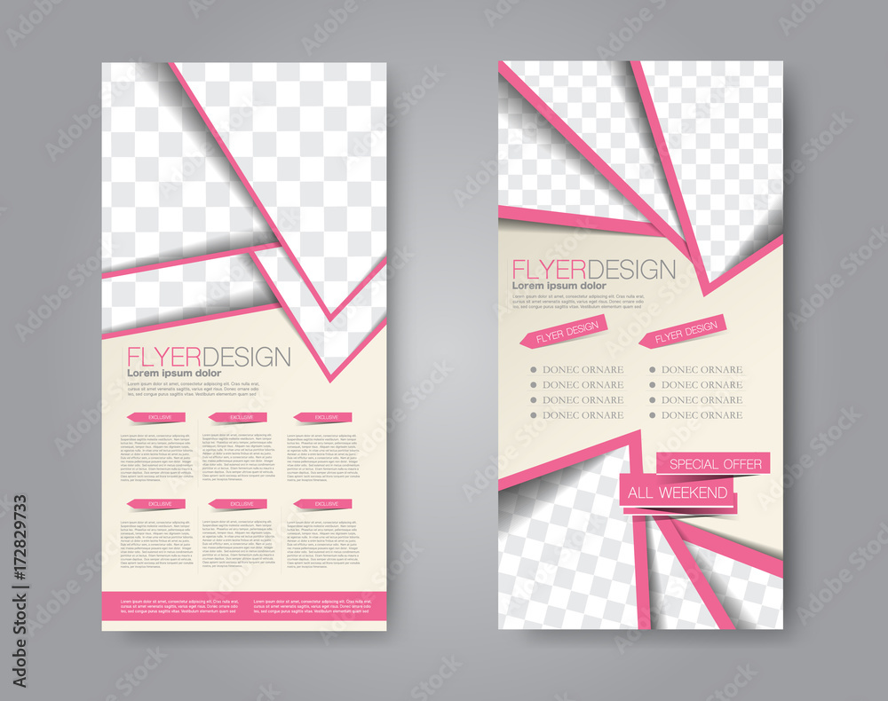 Skinny flyer or leaflet design. Set of two side brochure template or banner.  Vector illustration. Pink color.