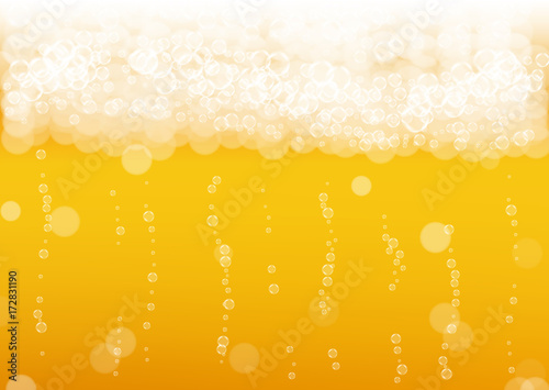 Beer background with realistic bubbles. Cool beverage for restaurant menu design, banners and flyers. Yellow horizontal beer background with white frothy foam. Cold glass of ale for brewery design.