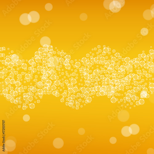 Beer background with realistic bubbles. Cool liquid drink for pub and bar menu design, banners and flyers. Yellow square beer background with white frothy foam. Fresh cup of lager for brewery design.