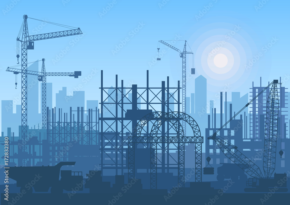Tower cranes on construction site. Buildings under construction. - obrazy, fototapety, plakaty 