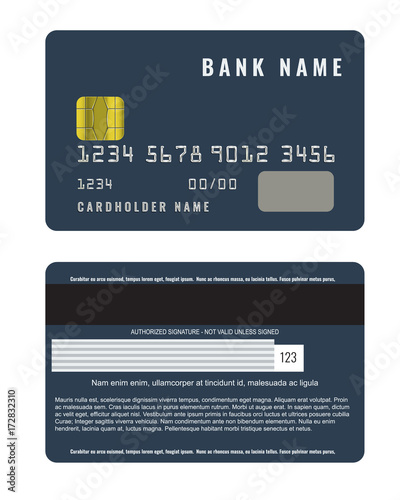 Realistic credit card with a chip front and back side view mock up.