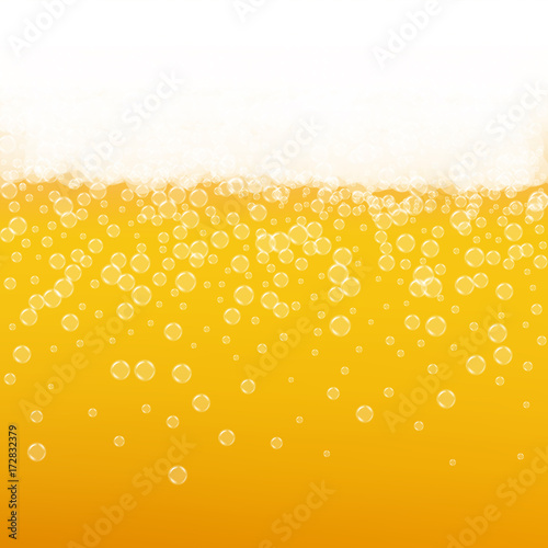 Beer background with realistic bubbles. Cool liquid drink for pub and bar menu design, banners and flyers. Yellow square beer background with white frothy foam. Cold pint of golden lager or ale.