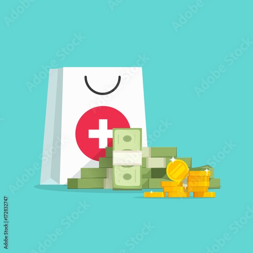Medicine and money vector concept illustration, flat cartoon money pile with medical or pharmacy bag, expensive medical care, big spendings on drugs prescription