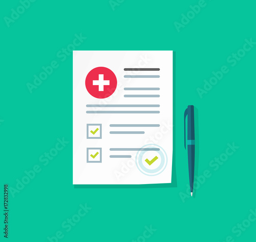 Medical or health insurance document vector illustration, flat carton paper sheet reports or patient record with medical information