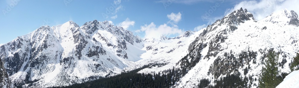 Snowy countryside in mountains, High tatras, view from Popradske lake, Slovakia