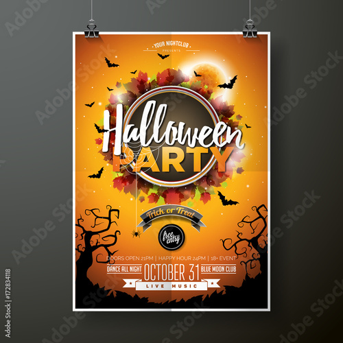 Halloween Party flyer vector illustration with moon on orange sky background. Holiday design with spiders and bats for party invitation, greeting card, banner, poster.