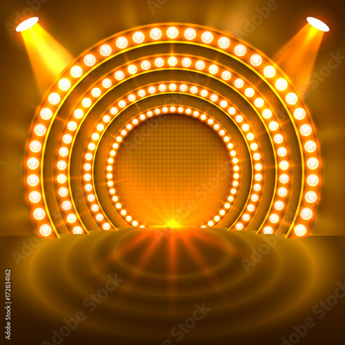 Show light podium gold background. Vector illustration