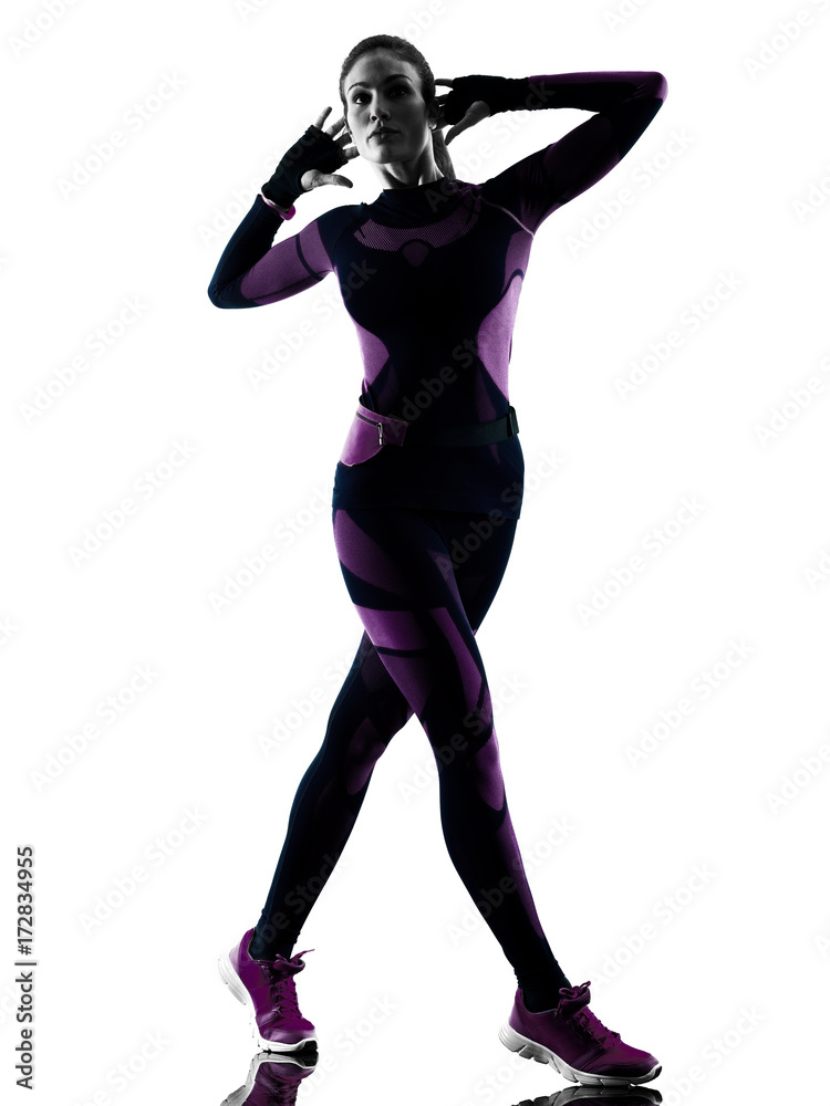 one young caucasian woman runner running jogger jogging isolated silhouette shadow on white background one young caucasian woman runner running jogger jogging isolated silhouette shadow on white background