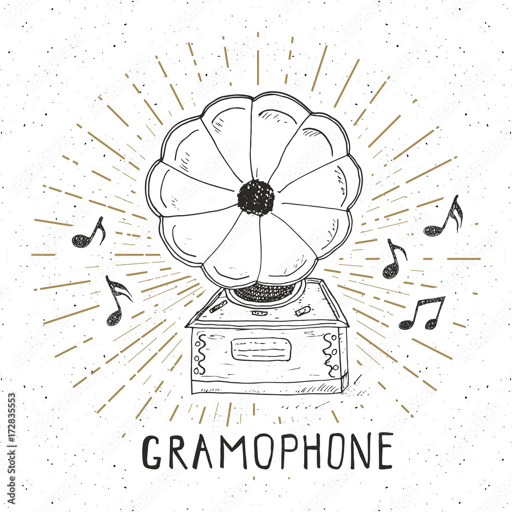 Fototapeta premium Gramophone vintage label, Hand drawn sketch, grunge textured retro badge, typography design t-shirt print, vector illustration
