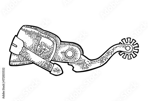 Spur from leather and metal. Vintage engraving