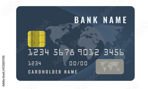 Realistic credit card design template with a chip frontside view mock up. Dark blue color.