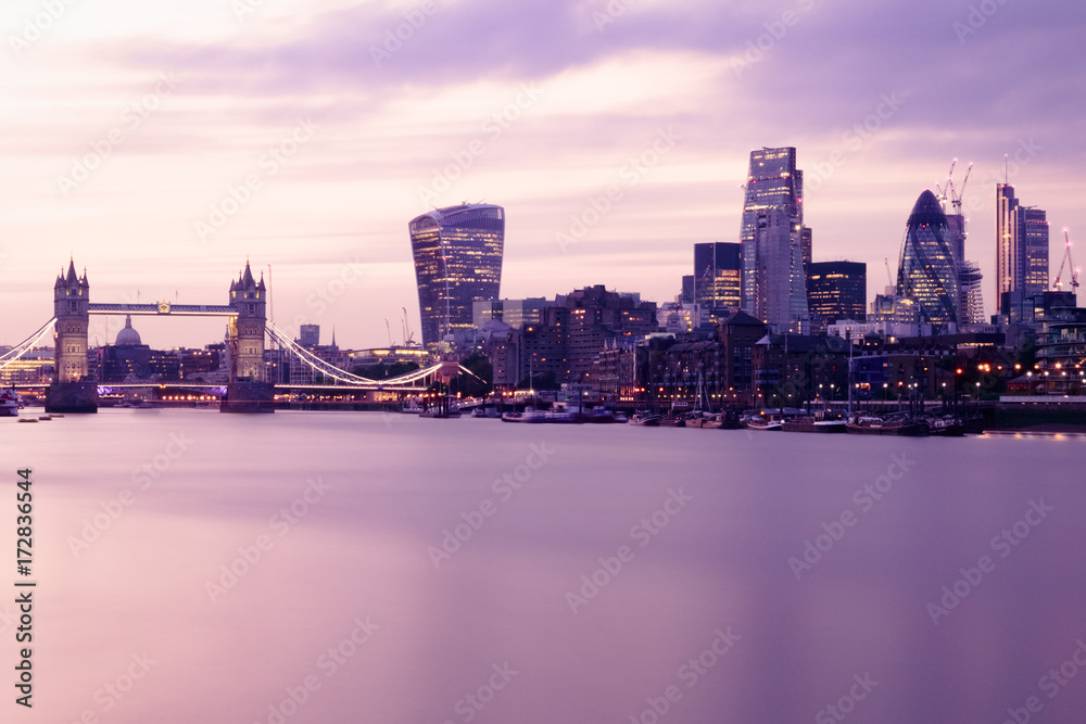 Long exposure, London cityscape at sunset with landmarks
