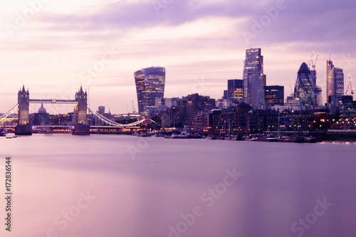 Long exposure, London cityscape at sunset with landmarks