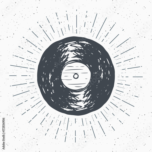 Vinyl record vintage label, Hand drawn sketch, grunge textured retro badge, typography design t-shirt print, vector illustration