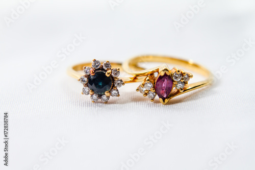 Couple of Gemstone Ruby and Sapphire with Diamond Engagement gold ring