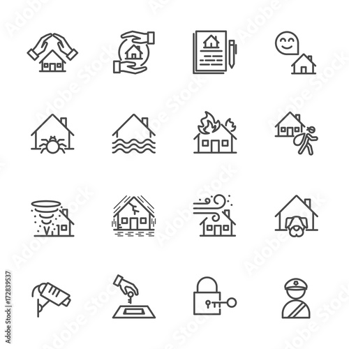 House, Property insurance, Vector illustration of thin line icons for Insurance business, banking
