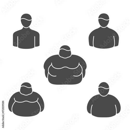 Shape classification of obesity level and physical appearance in obese people. vector line icons