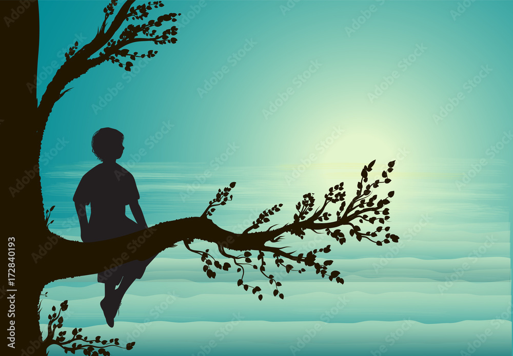 boy sitting on big tree branch, silhouette, secret place, childhood memory, dream, - obrazy, fototapety, plakaty 