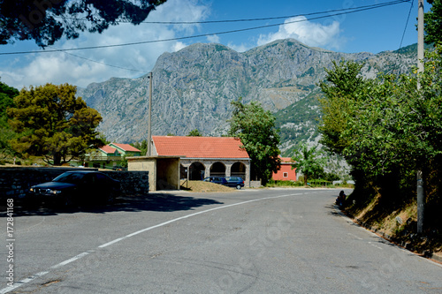 Bus stop in the mountain village photo