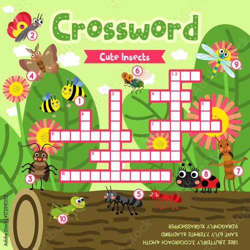 Crosswords puzzle game of insect bug animals for preschool kids activity worksheet colorful printable version. Vector Illustration.