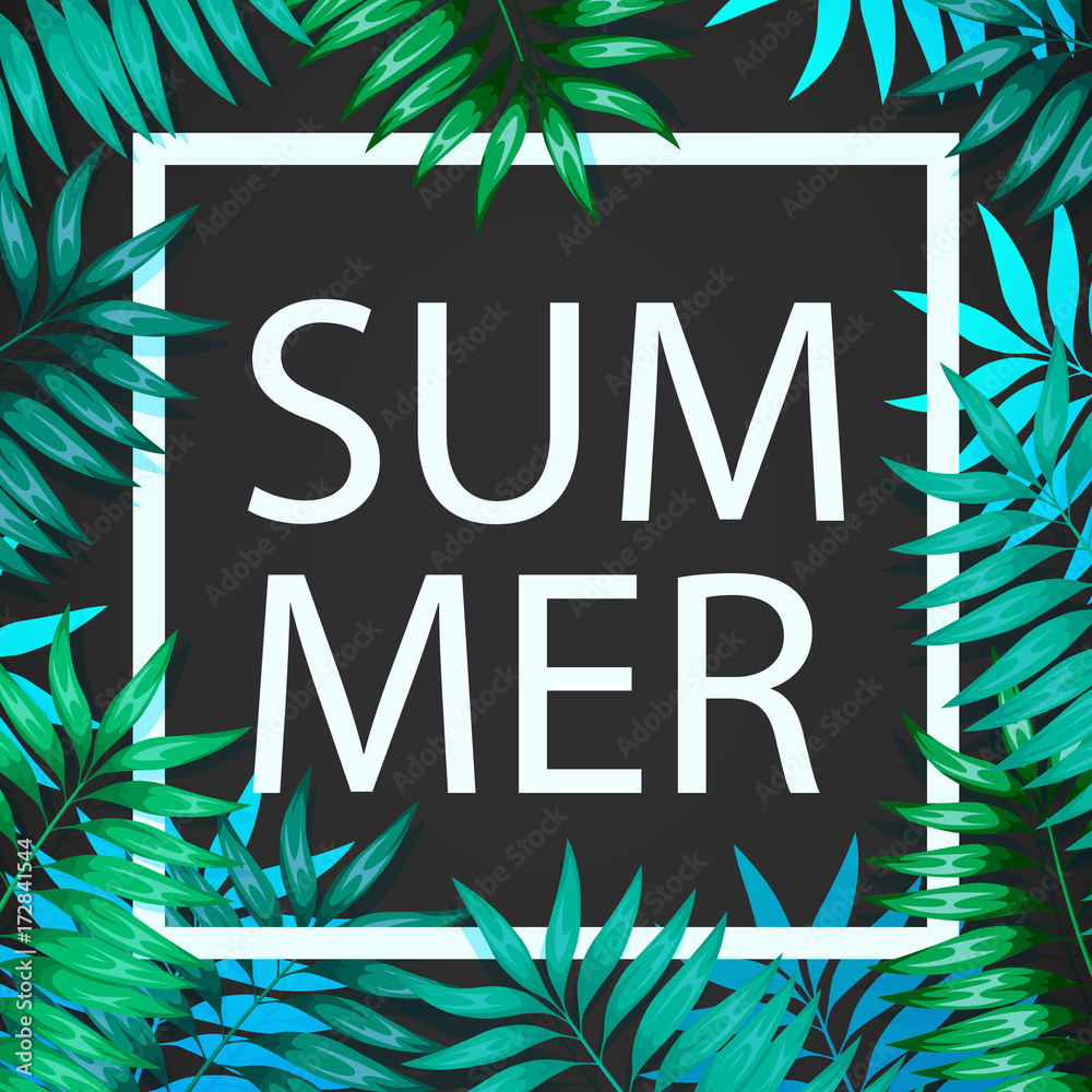 Fototapeta premium Frame of colorful tropical leaves. Concept of the jungle for the design of invitations, greeting cards and wallpapers.