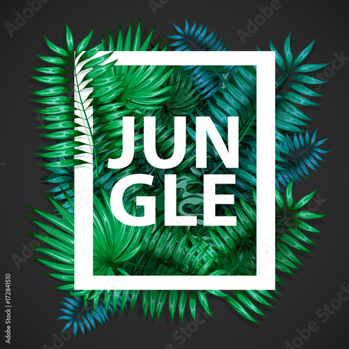 Frame of colorful tropical leaves. Concept of the jungle for the design of invitations, greeting cards and wallpapers.