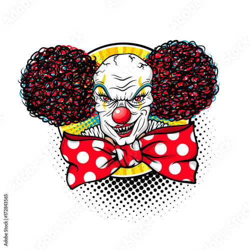 Evil scary clown monster with big red bow tie and wide angry smile. Vector illustration in retro comic pop art style isolated on white background. Halloween object.