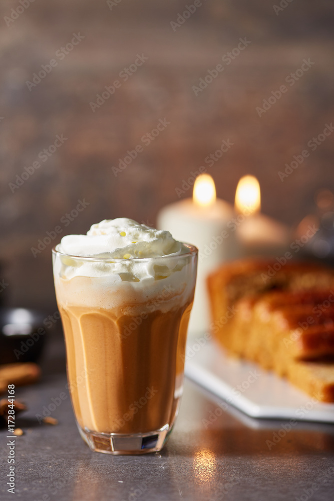 Delightful glass of pumpkin spice latte Delightful glass of pumpkin spice latte