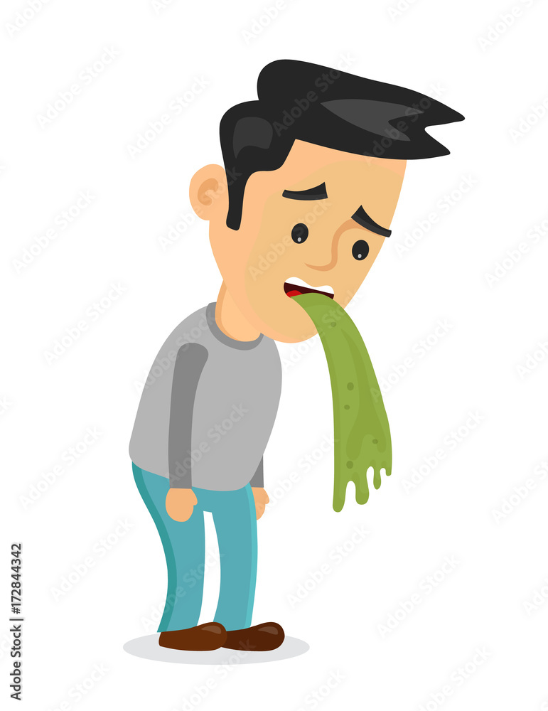 Young man vomiting puking. Vector flat cartoon character illustration   on white background. Vomit, food poisonong, alcohol poisoning  concept Stock Vector | Adobe Stock