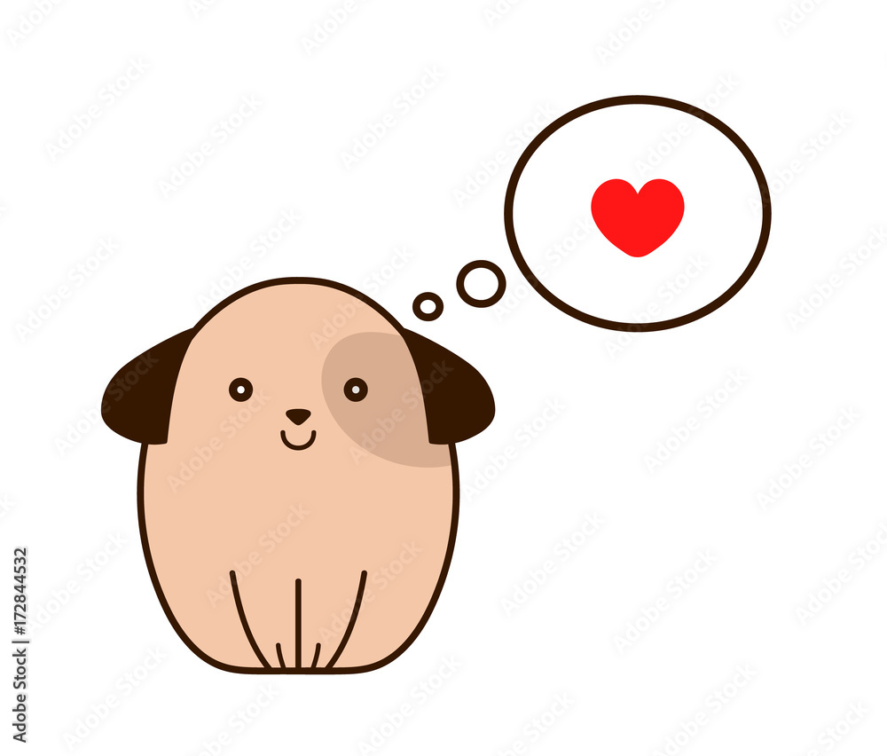 Dog with heart in thought cloud. Vector modern line outline flat style cartoon character illustration icon. Isolated on white background. Dog puppy pets love concept Dog with heart in thought cloud. Vector modern line outline flat style cartoon character illustration icon. Isolated on white background. Dog puppy pets love concept