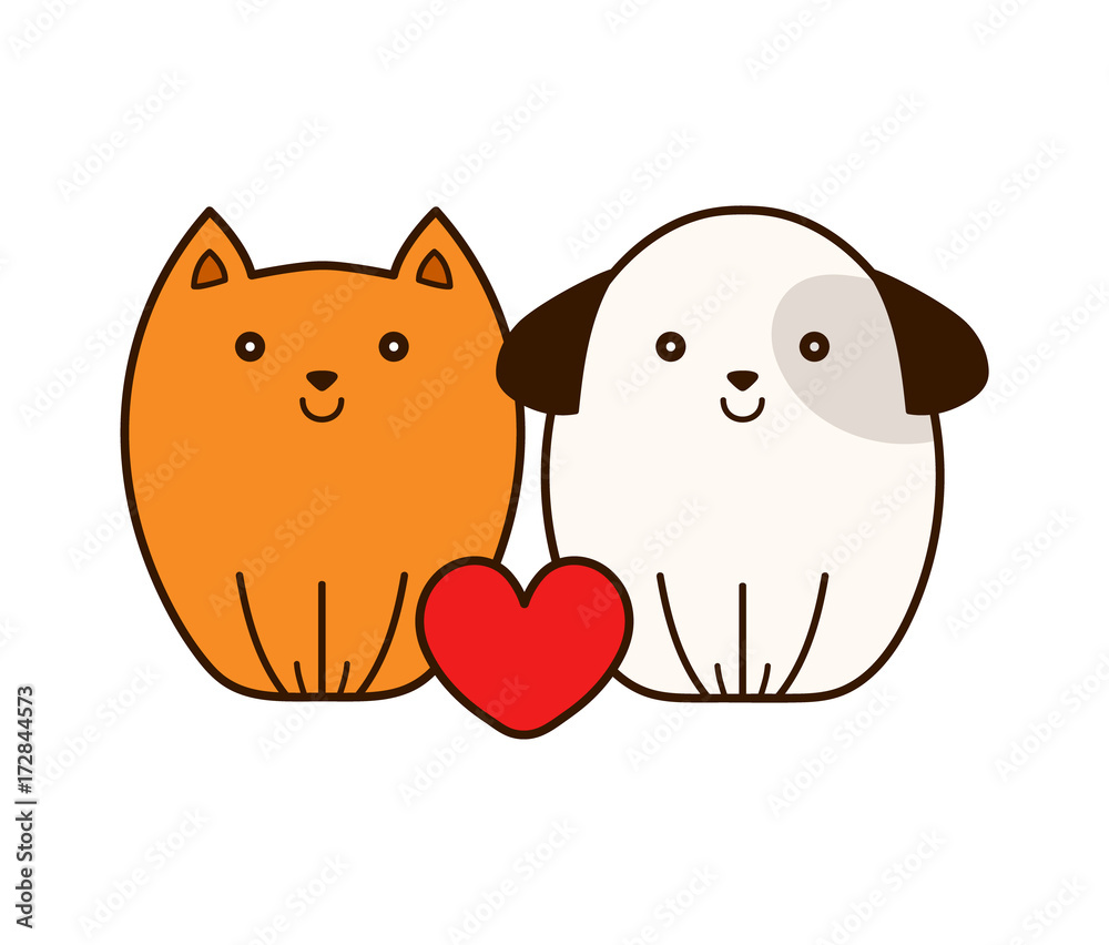 Cute smiling cat and puppy dog with heart. Vector modern line outline flat style cartoon illustration icon. Isolated on white background.Concept for vet shop,veterinary clinic