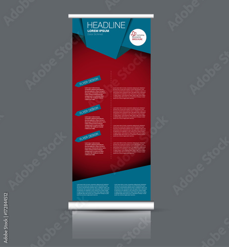 Roll up banner stand template. Abstract background for design,  business, education, advertisement. Blue and red color. Vector  illustration.