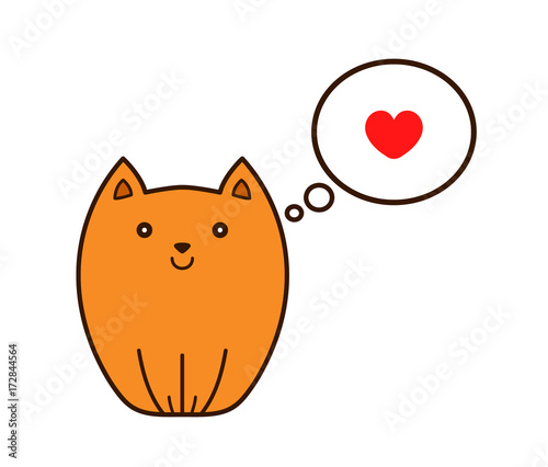Cat with heart in thought cloud. Vector modern line outline flat style cartoon character illustration icon. Isolated on white background. Cat pets love concept