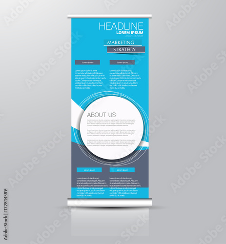 Roll up banner stand template. Abstract background for design, business, education, advertisement. Blue color. Vector illustration.