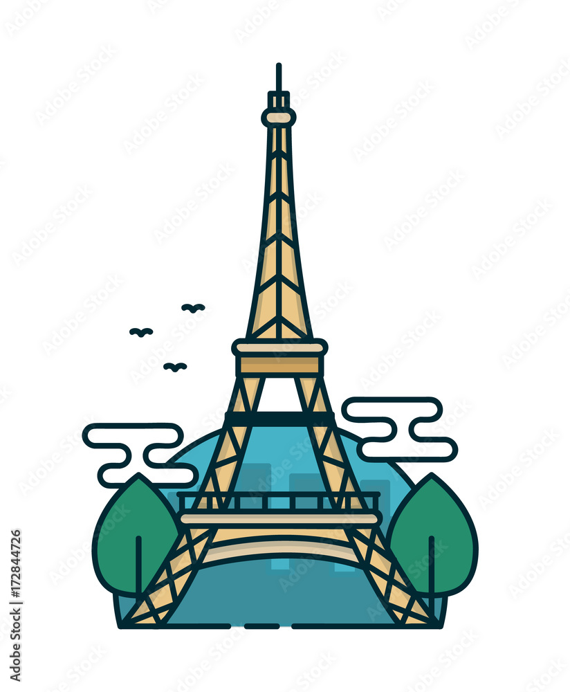 Eiffel Tower in Paris, trees. Vector modern line outline flat style cartoon  illustration icon. Isolated on white background. Paris, France, traveling  card concept Stock Vector | Adobe Stock